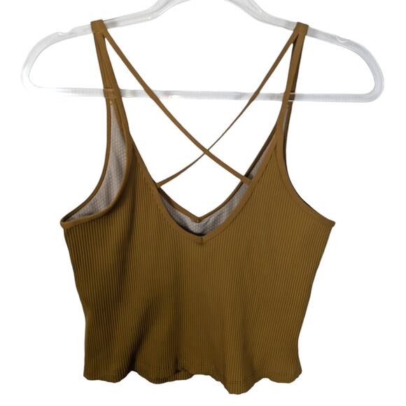 Vuori Rib Crop Tank Top Mustard V Neck Front Back Cross Back Built in Bra L - Picture 2 of 7